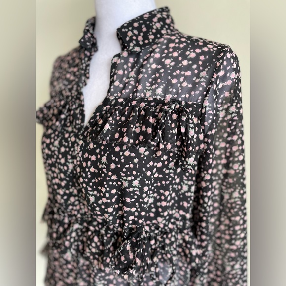 ALL SAINTS DEIRDE PEPPER SHIRT, TIE DETAILS, TIERED, FLOWY, BLACK/PINK SZ XS - Picture 3 of 10